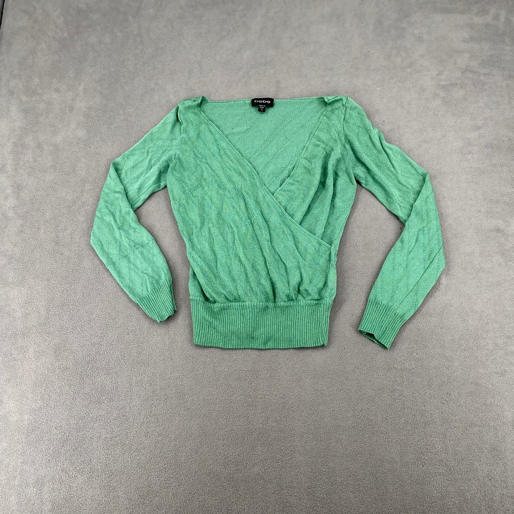 Bebe Y2K Green Long Sleev Surplice Wrap V-Neck Ribbed Knit Sweater Sz S USA Made
